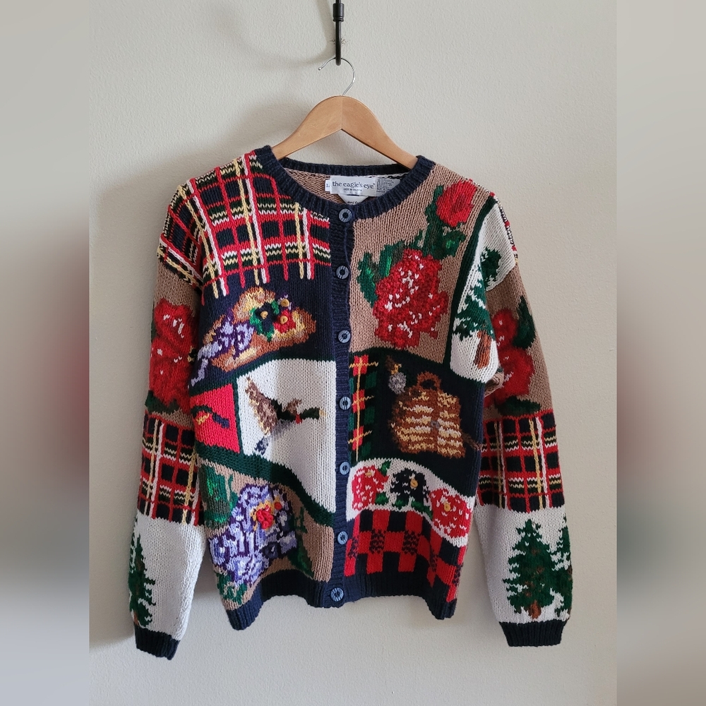 Vtg The Eagle's Eye Hearty Embroidered Heavy Knit Cardigan Sweater, Women's L